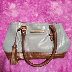 Tignanello Shoulder Bag Gray Brown Faux Leather Medium Tote Chain Lining